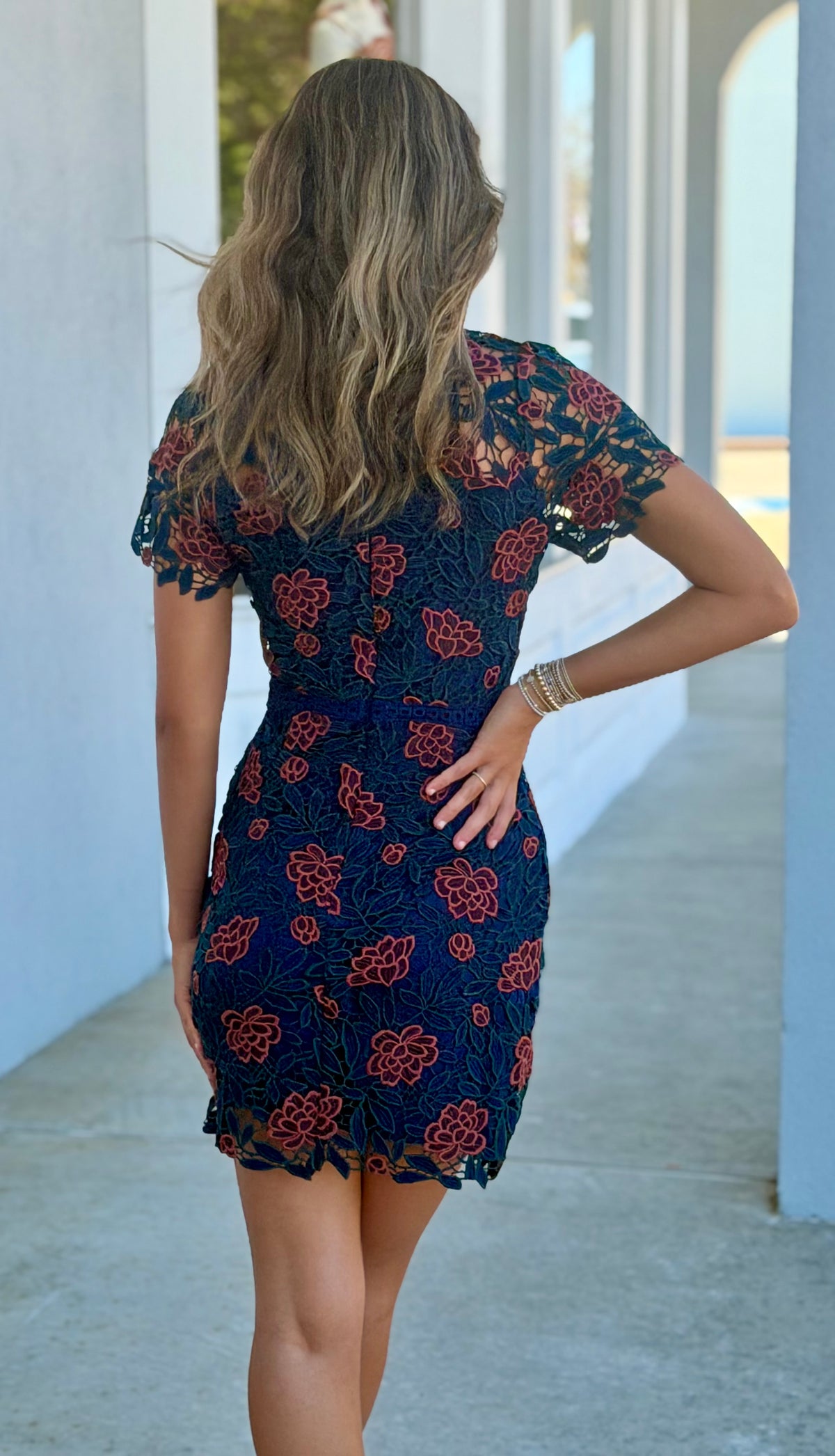 Navy/Green/Rust Foral Lace Mini Dress