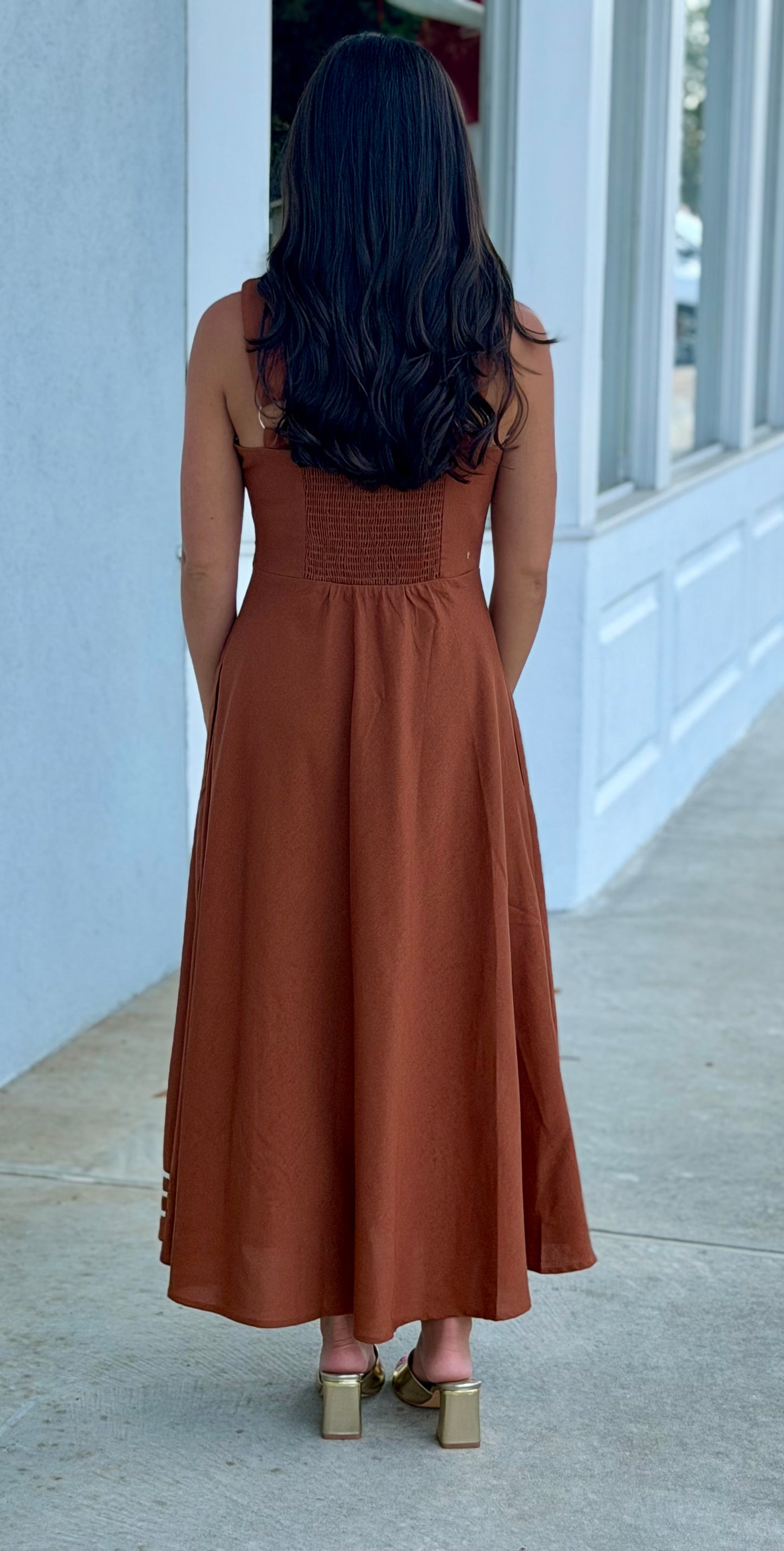 Brown Midi Dress w/ Tan Stitching Detail