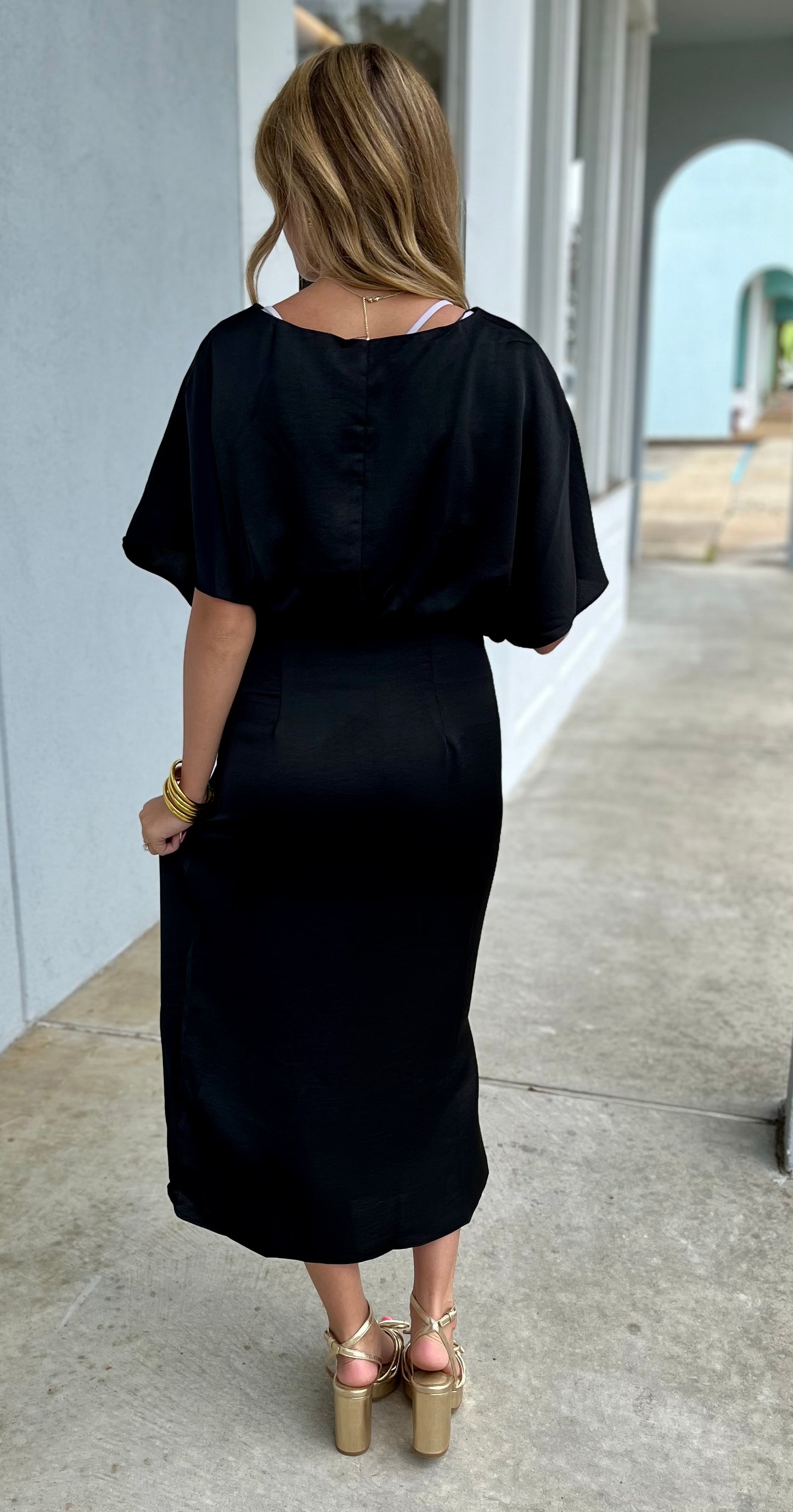 Black Wide Round Neck Asymmetrical Midi Dress