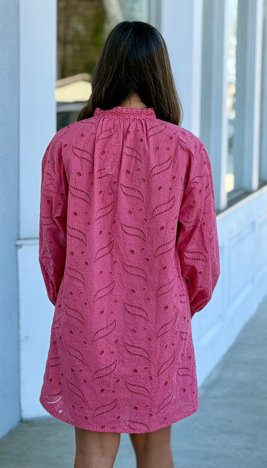 Dusty Coral Crochet Trim Eyelet Lace Dress