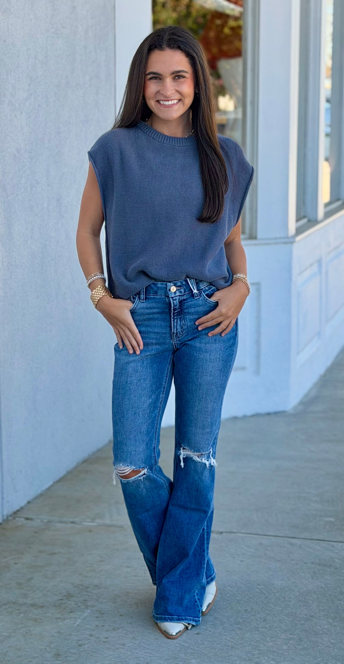 Relaxed Cotton Exposed Seam Sweater Vest , Denim Blue