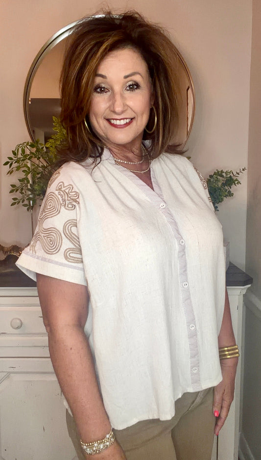 Oatmeal Embroidered Button Front Top
