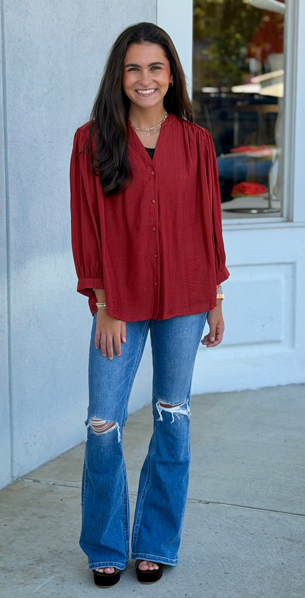 Rust Solid Button-Front Dolman Blouse