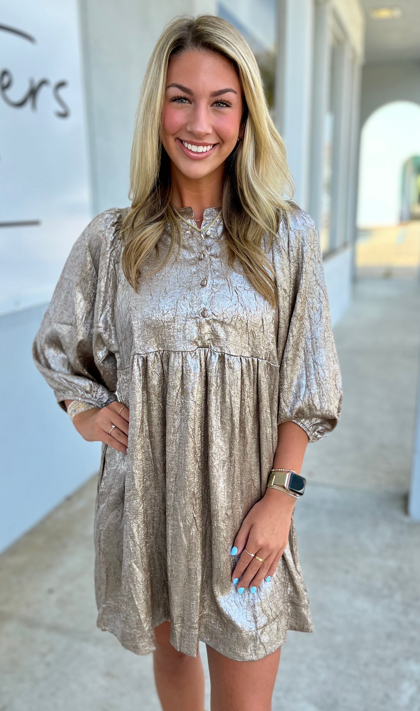 Gold Metallic Foil Mini Dress With Buttons