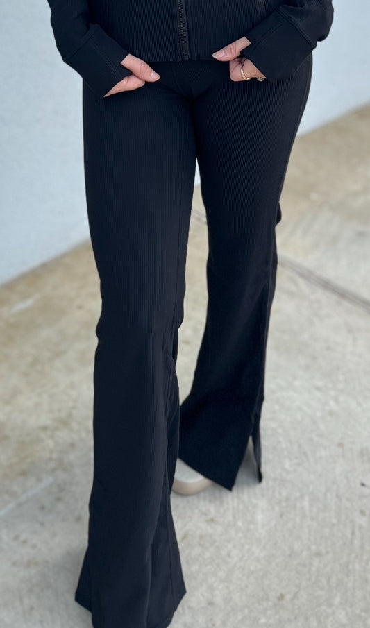 Black Nylon Rib Flare Pant
