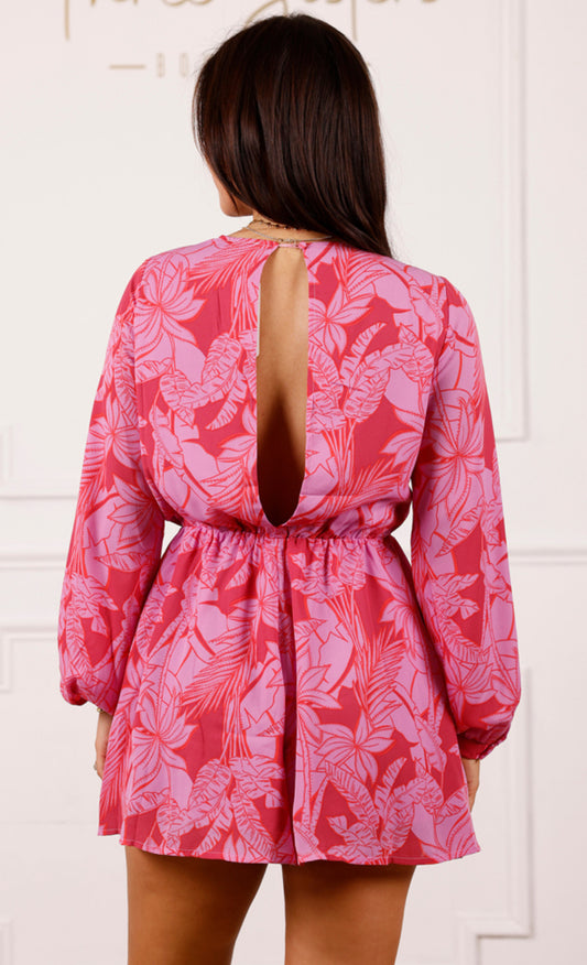 Pink Red Tropical Print Belted Romper