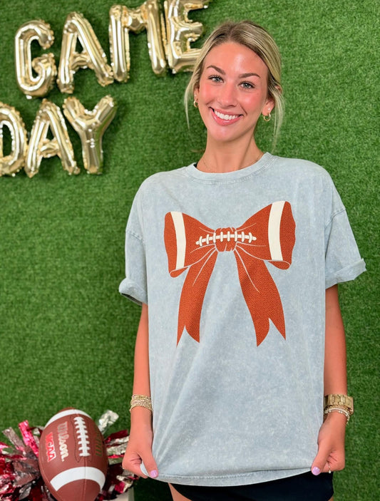 Puff Football Bow Graphic Tee, Grey Denim