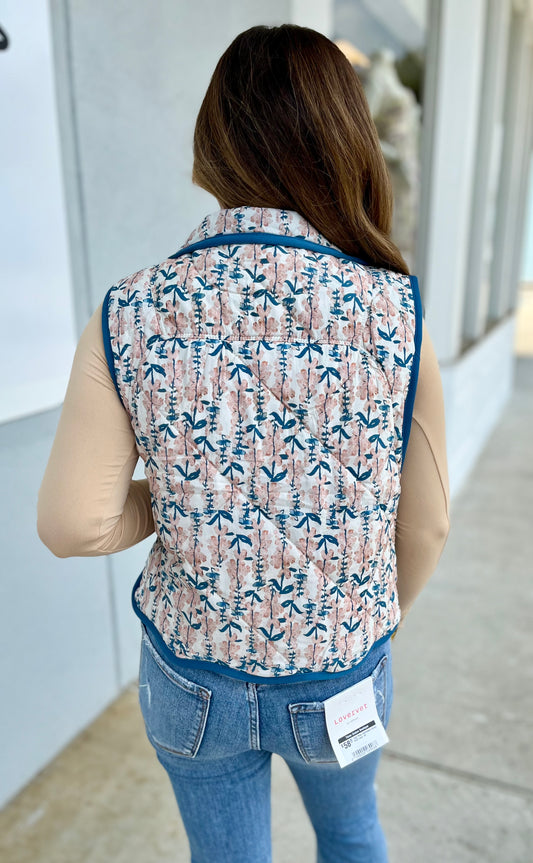Teal Quilted Floral Print Vest