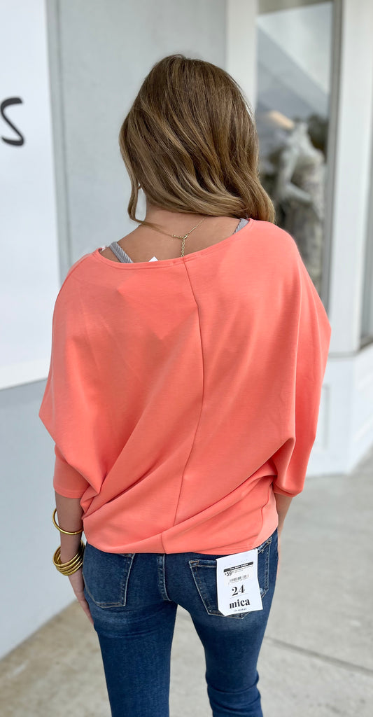 Long Sleeve Scuba Dolman Top , Tangerine