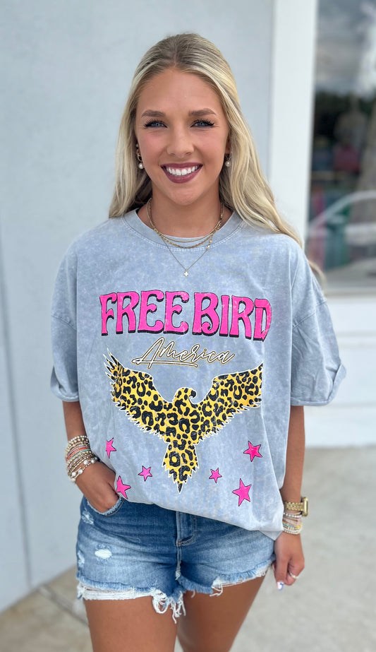 Leopard Free Bird America Graphic Tee , Grey Denim