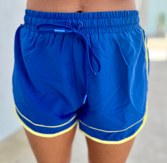 Two Tone Active Shorts with Stripe , Royal Blue