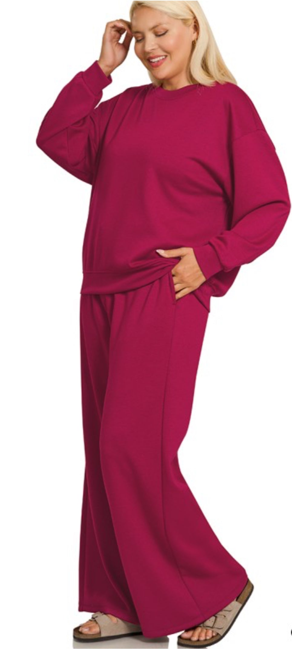 Plus Scuba Crewneck Pullover & Pants SET, Cabernet