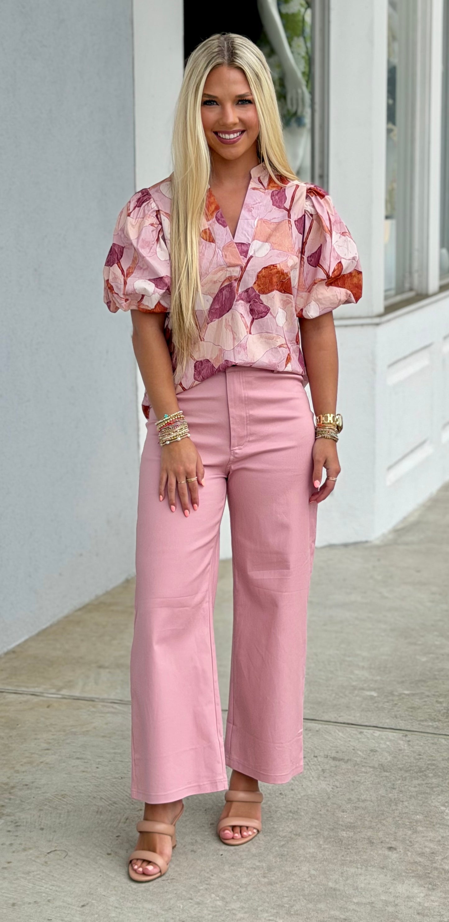 Pink Floral V Neck Puff Sleeve Top
