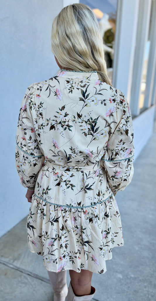 Cream Waist Tie Tiered Floral Dress
