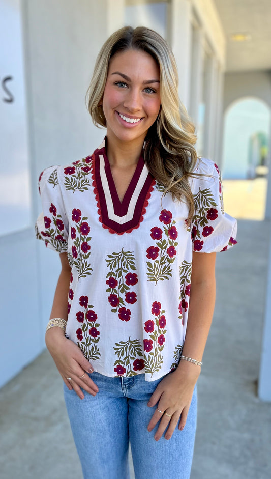 Floral Bubble Sleeve Top