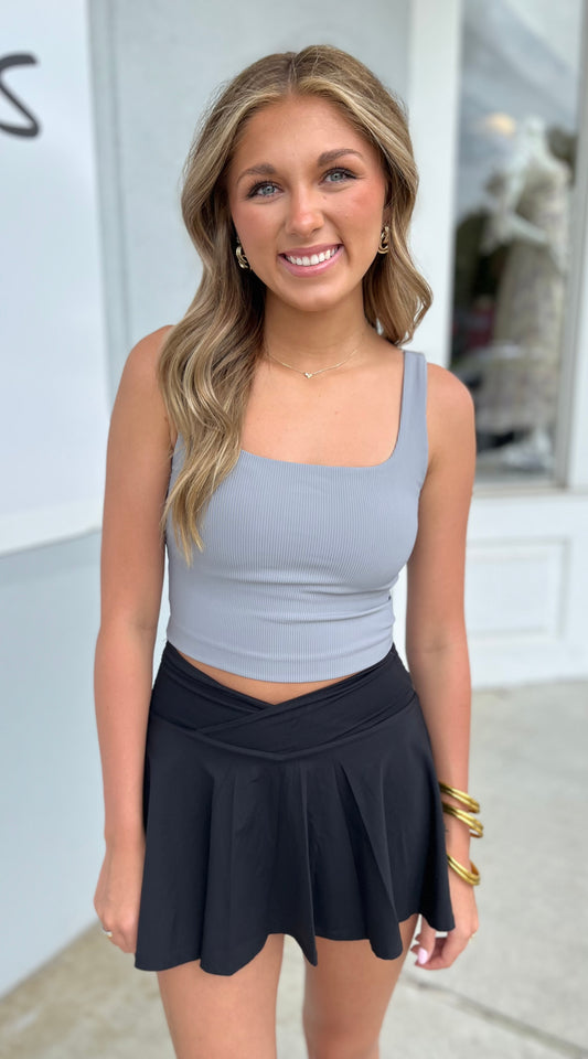 Square Neck Ribbed Crop Top , Grey