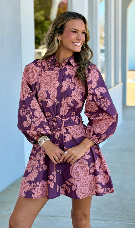 Kaley Floral Belted Mini Dress Wine Pink