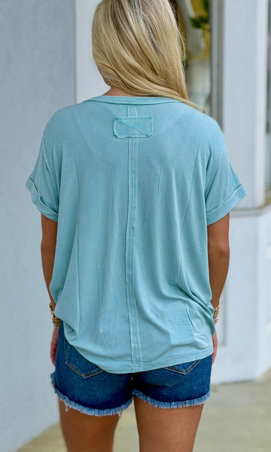 Washed Ribbed Cuffed Round Neck Tee, Sea Angel