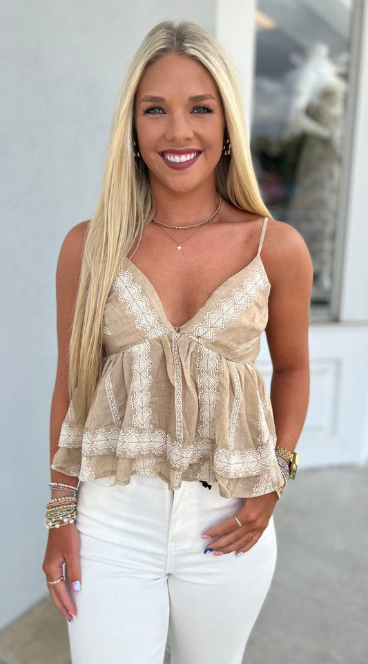 Taupe Embroidery Flowy Top