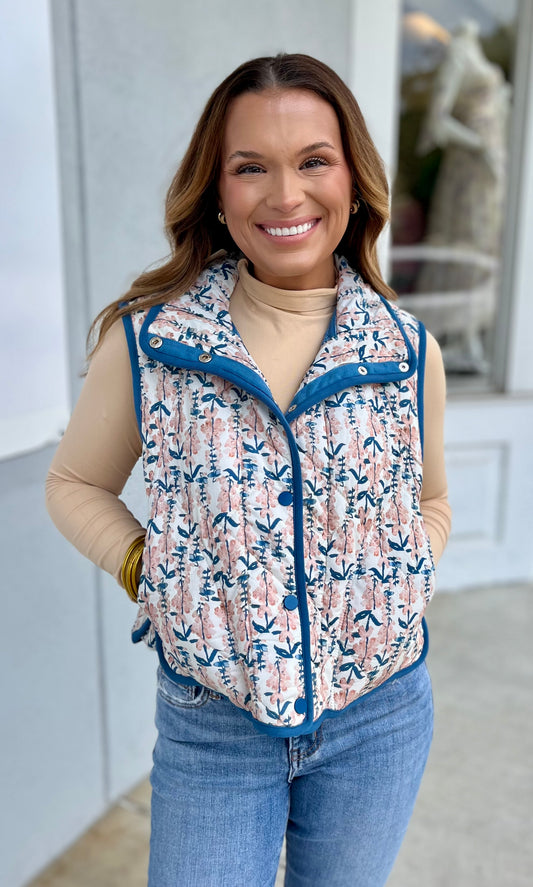 Teal Quilted Floral Print Vest
