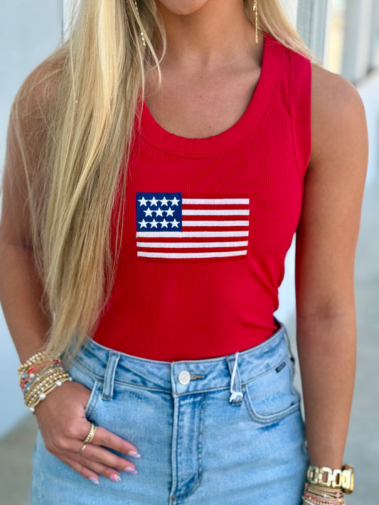 American Flag Scoop Neck Tank, Ruby