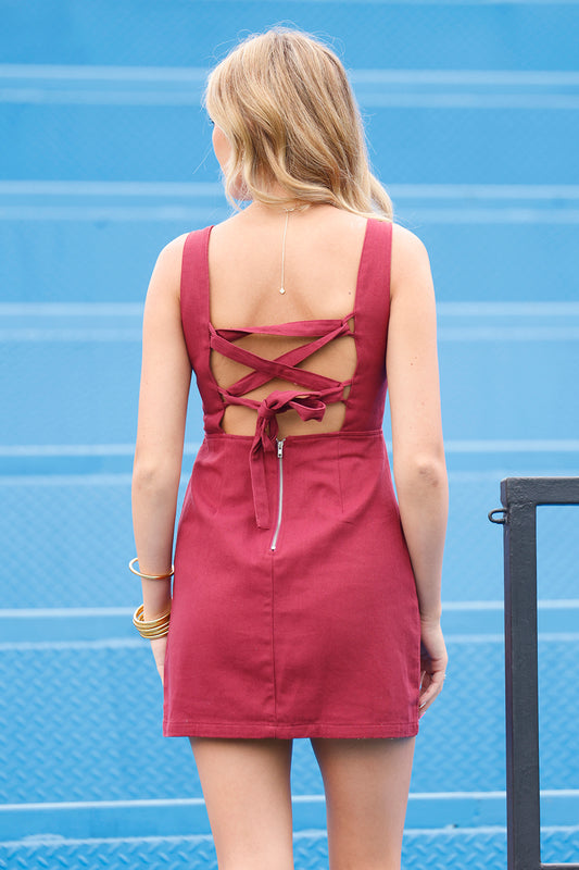 Burgundy Lace Up Back Dress