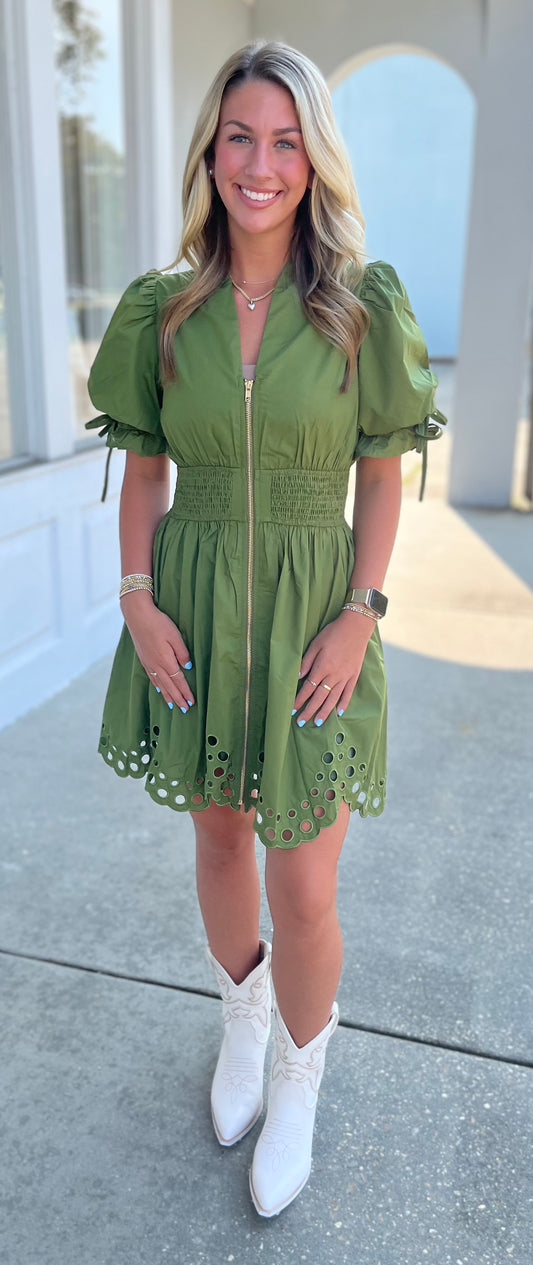 Olive Puff Sleeve Eyelet Zipper Front Dress