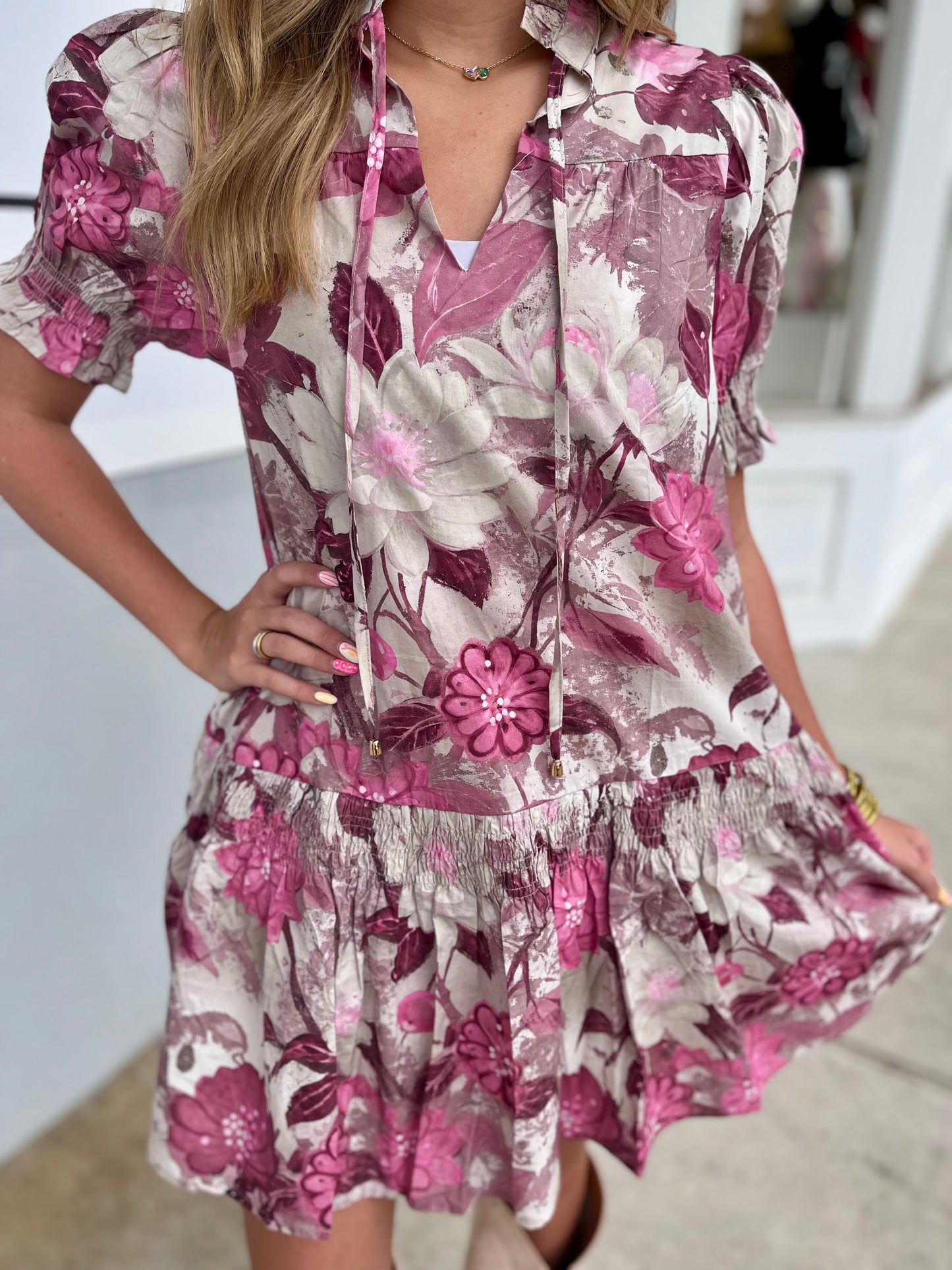 Dusty Rose Floral Print Puff Sleeve Dress