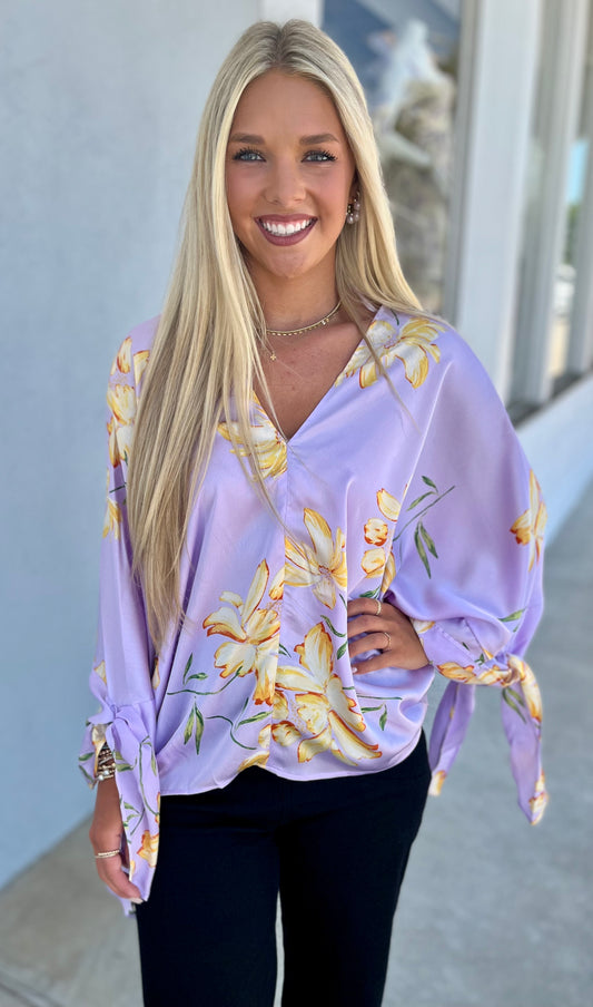 Kimono Sleeve Floral Satin Top , Lavender