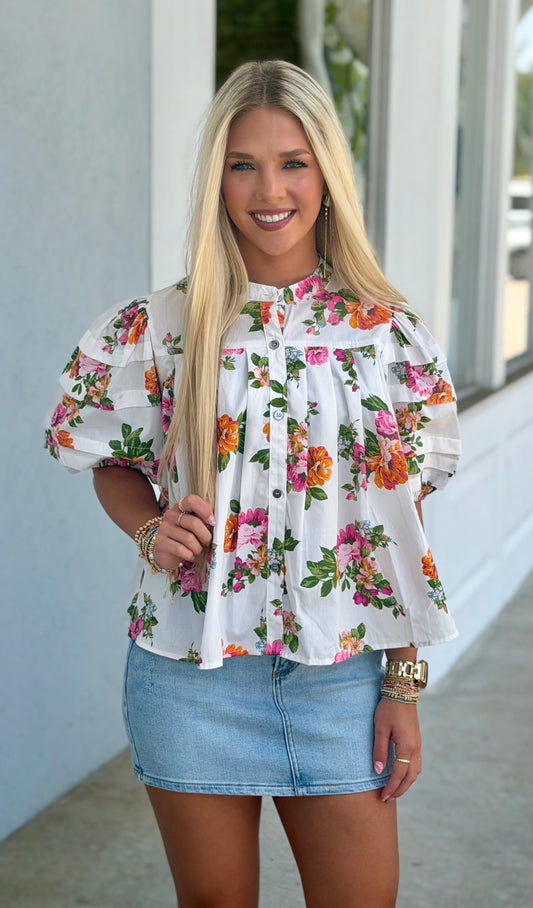 White/Pink Floral Puff Sleeve Blouse
