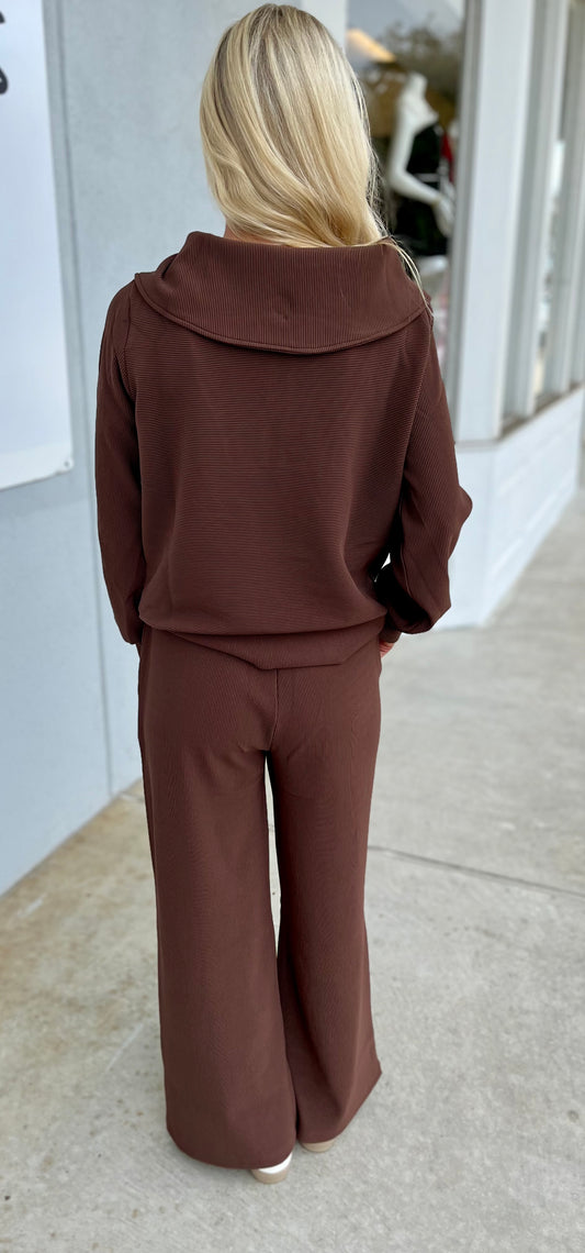 Ribbed High Neck Half Zip Top & Pants SET, Brown