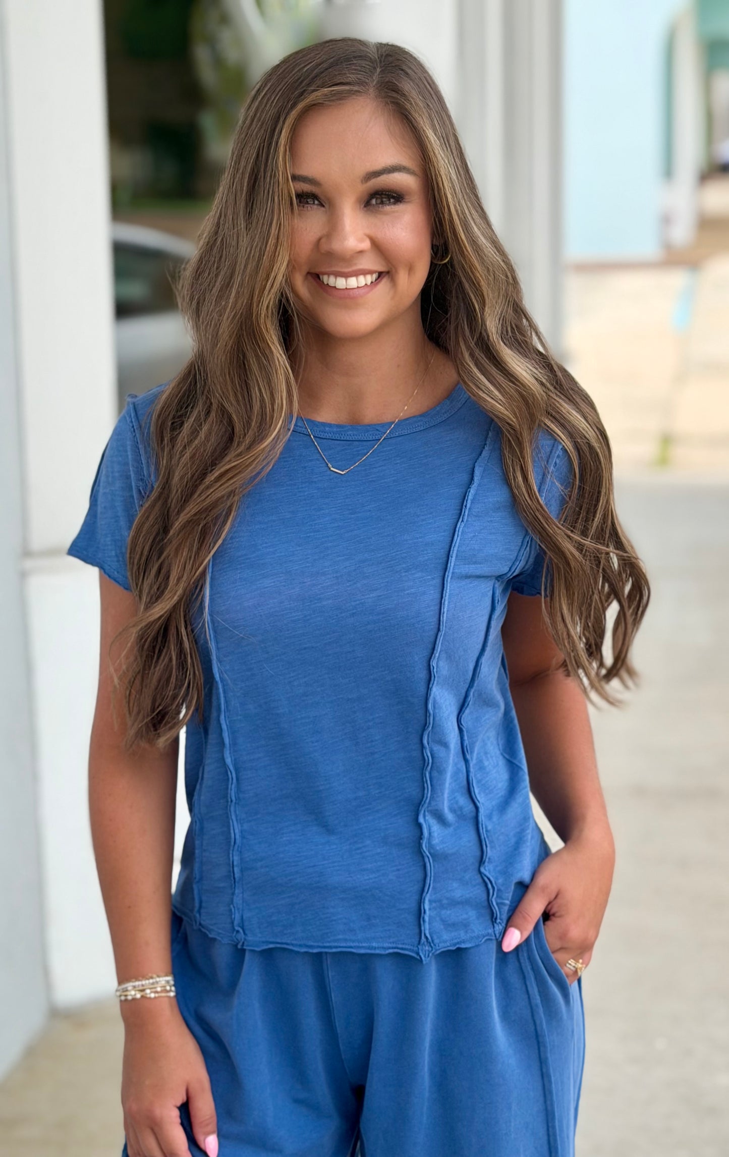 Denim Exposed Seam Short Top
