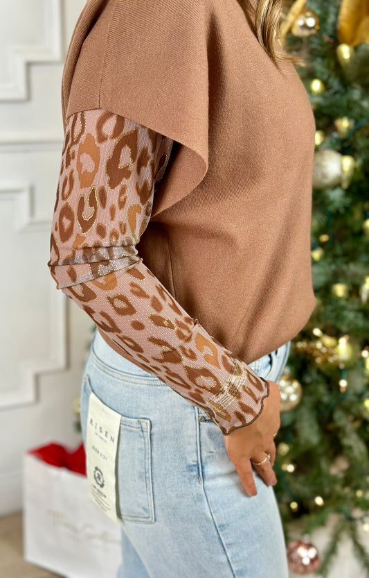 Mesh Layering Top , Taupe Leopard