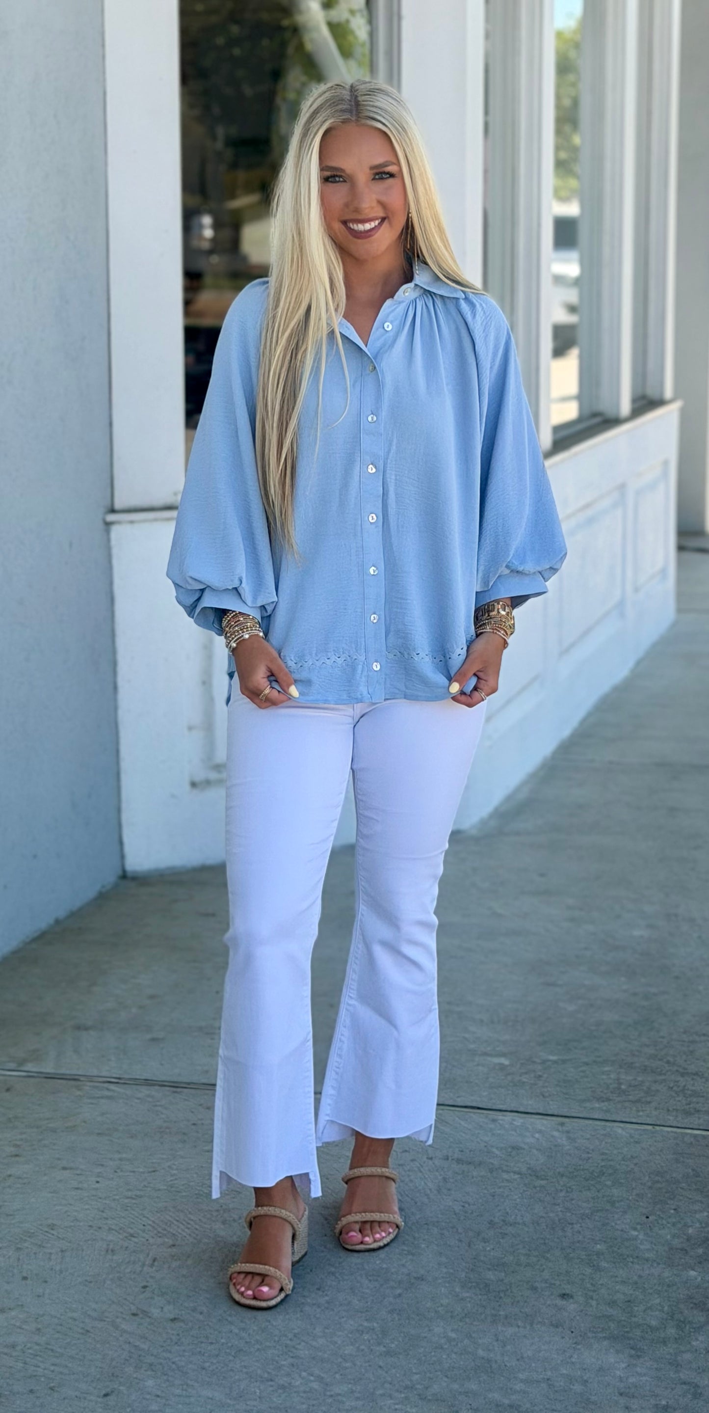 Sky Blue Balloon Sleeve Button Down Blouse