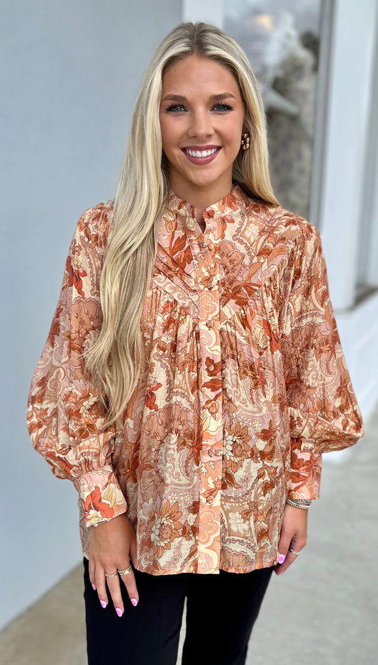 Golden Peach Printed Button Down Shirt