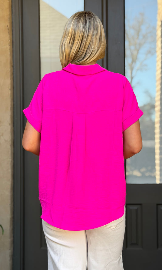Collared Woven Top , Hot Pink