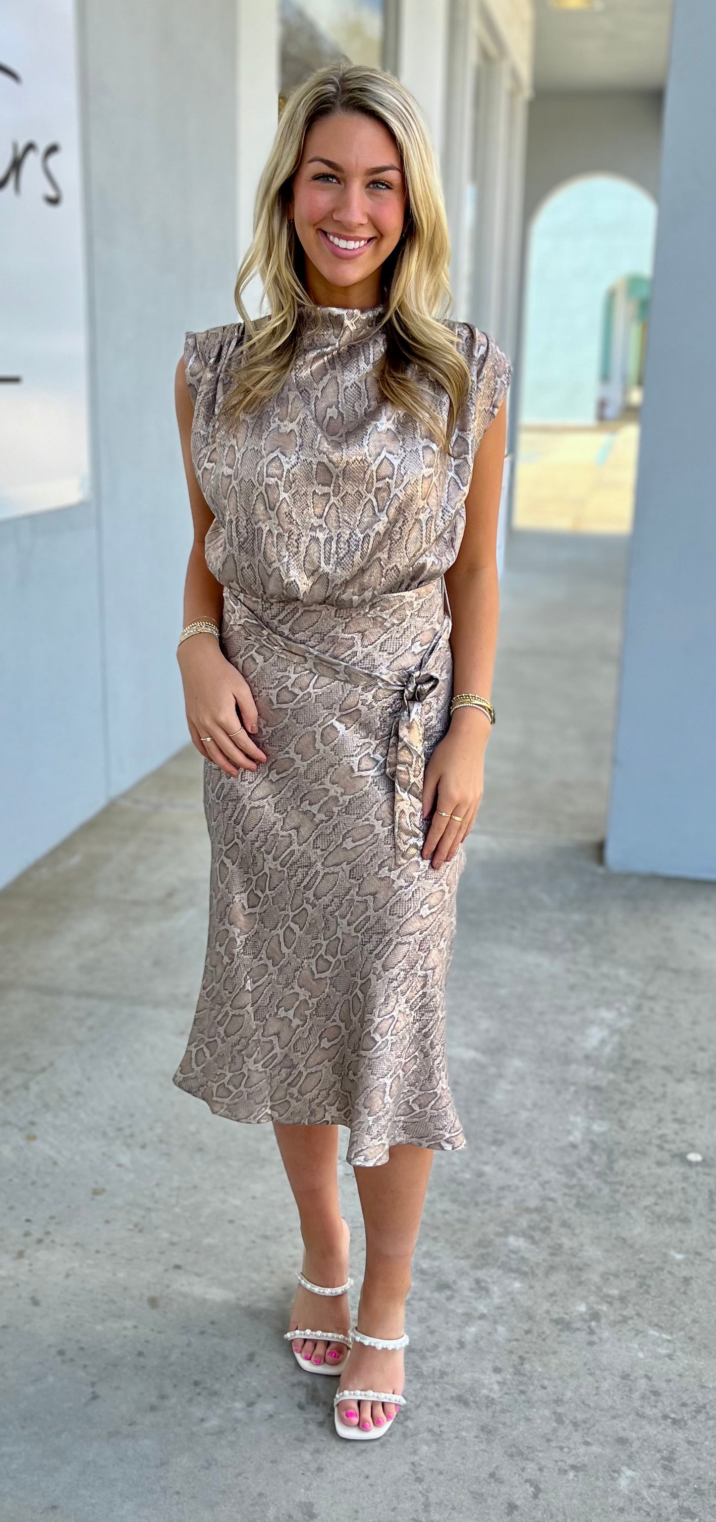 Snake Print Mock Neck Midi Dress