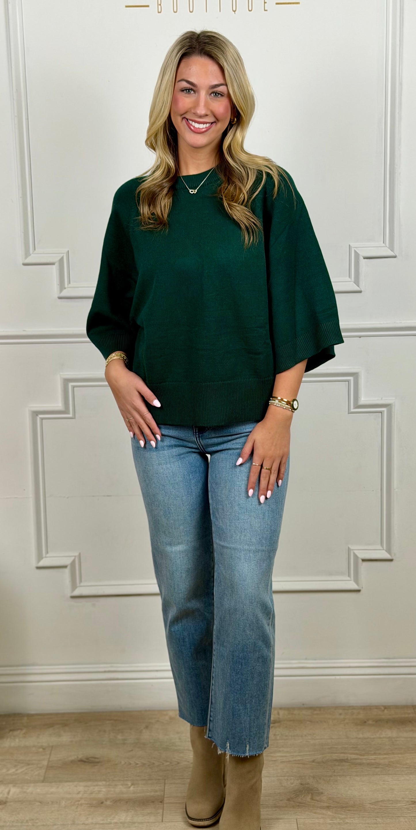 Quarter Bell Sleeve Top, Hunter Green