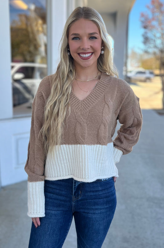 Mocha/Oatmeal Cable Knit Crop Sweater Top