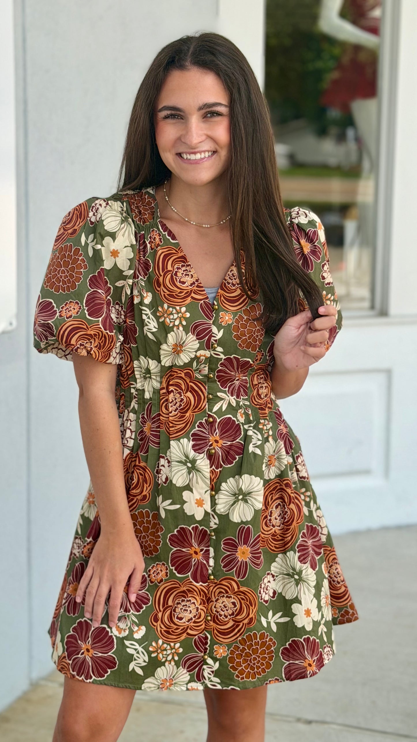 Olive Rust Floral Button Puff Sleeve Dress