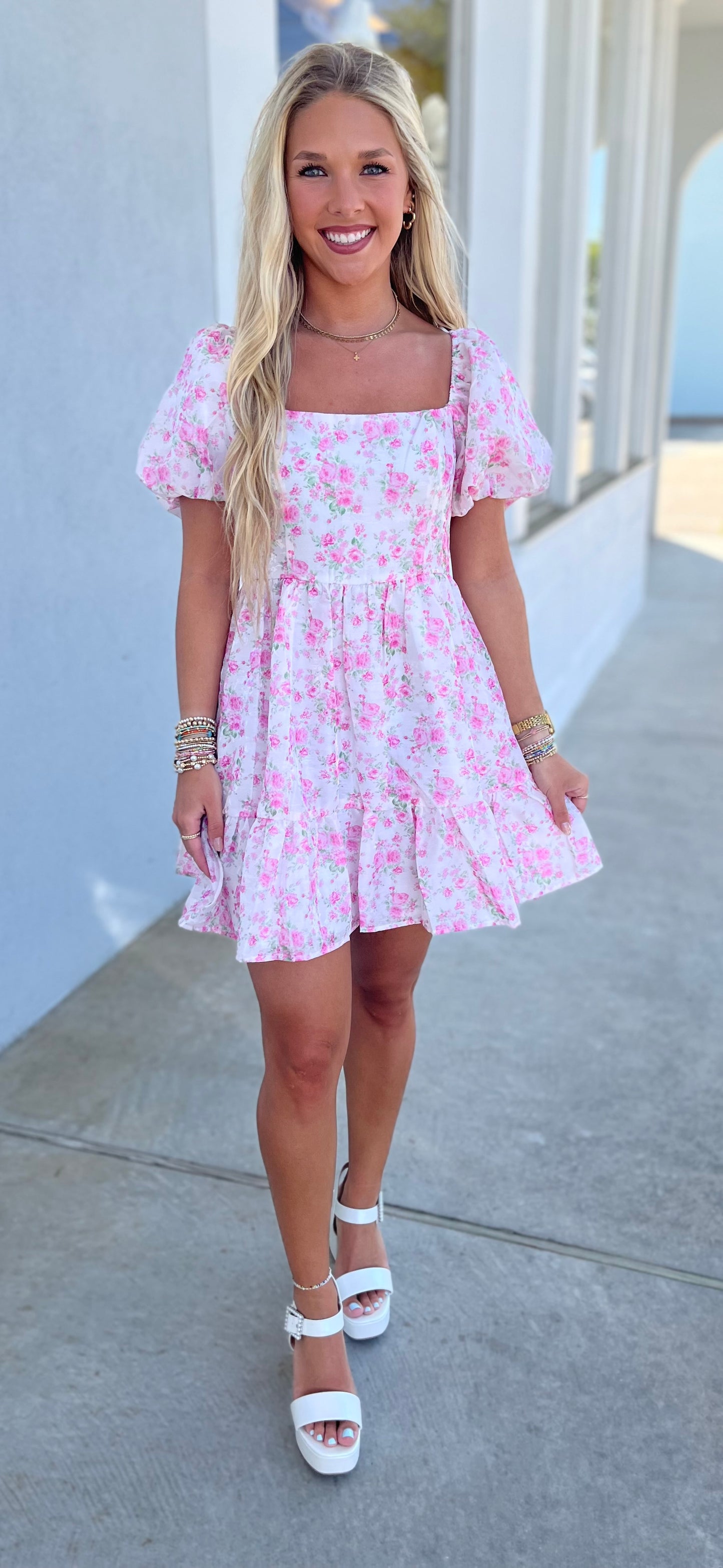Pink Square Neck w/Bubble Sleeve Mini Dress