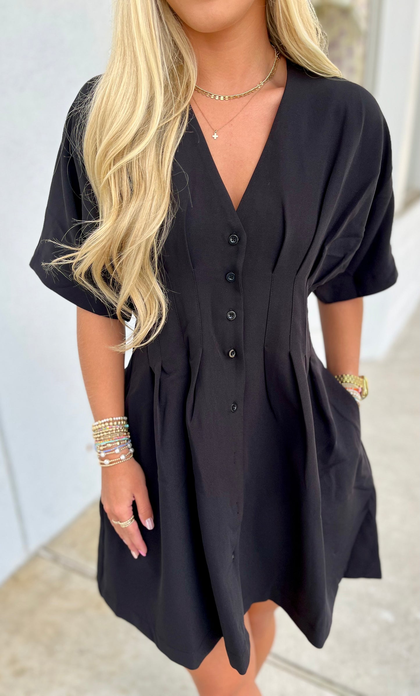 Black V Neck Pleated Mini Dress