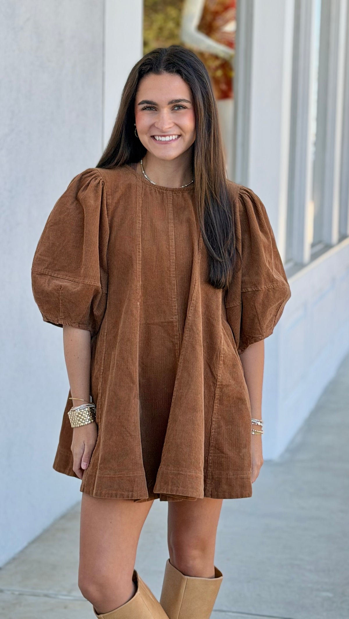 Deep Camel Corduroy Wide Bubble Half Sleeve Dress