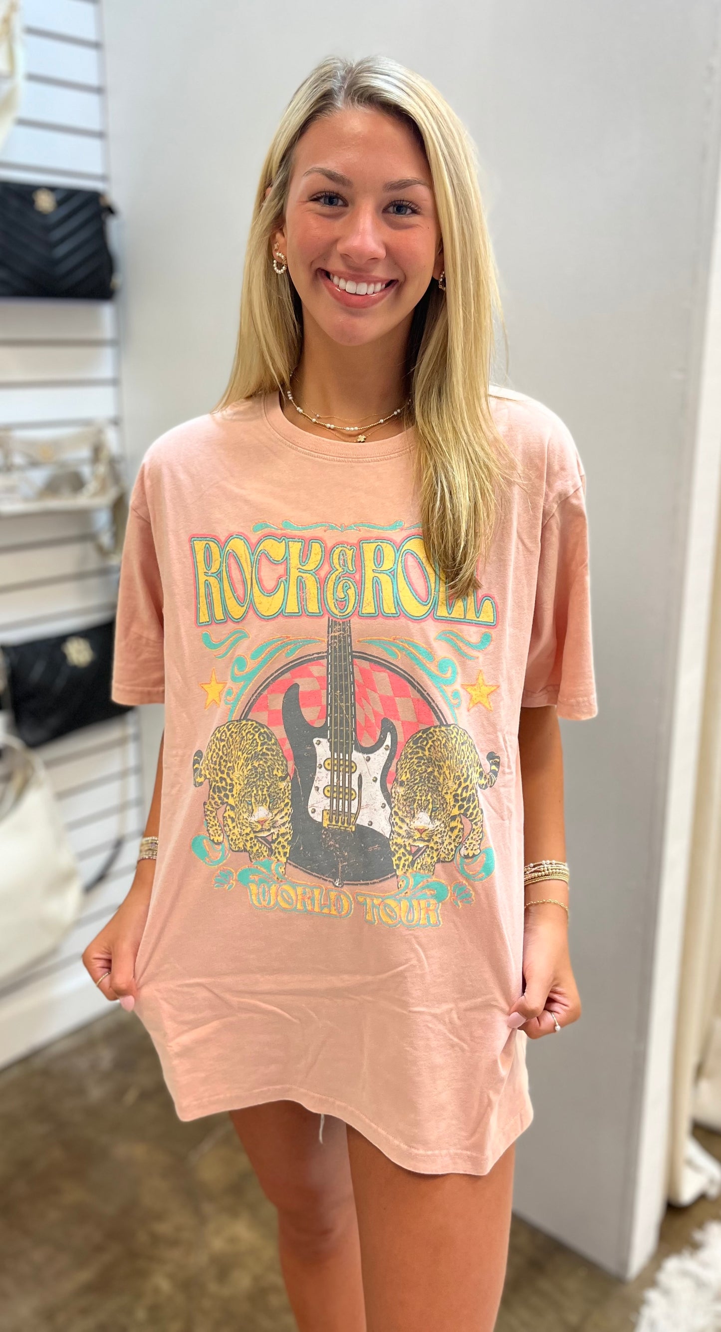Rock N Roll World Tour Vintage Graphic Tee, Salmon