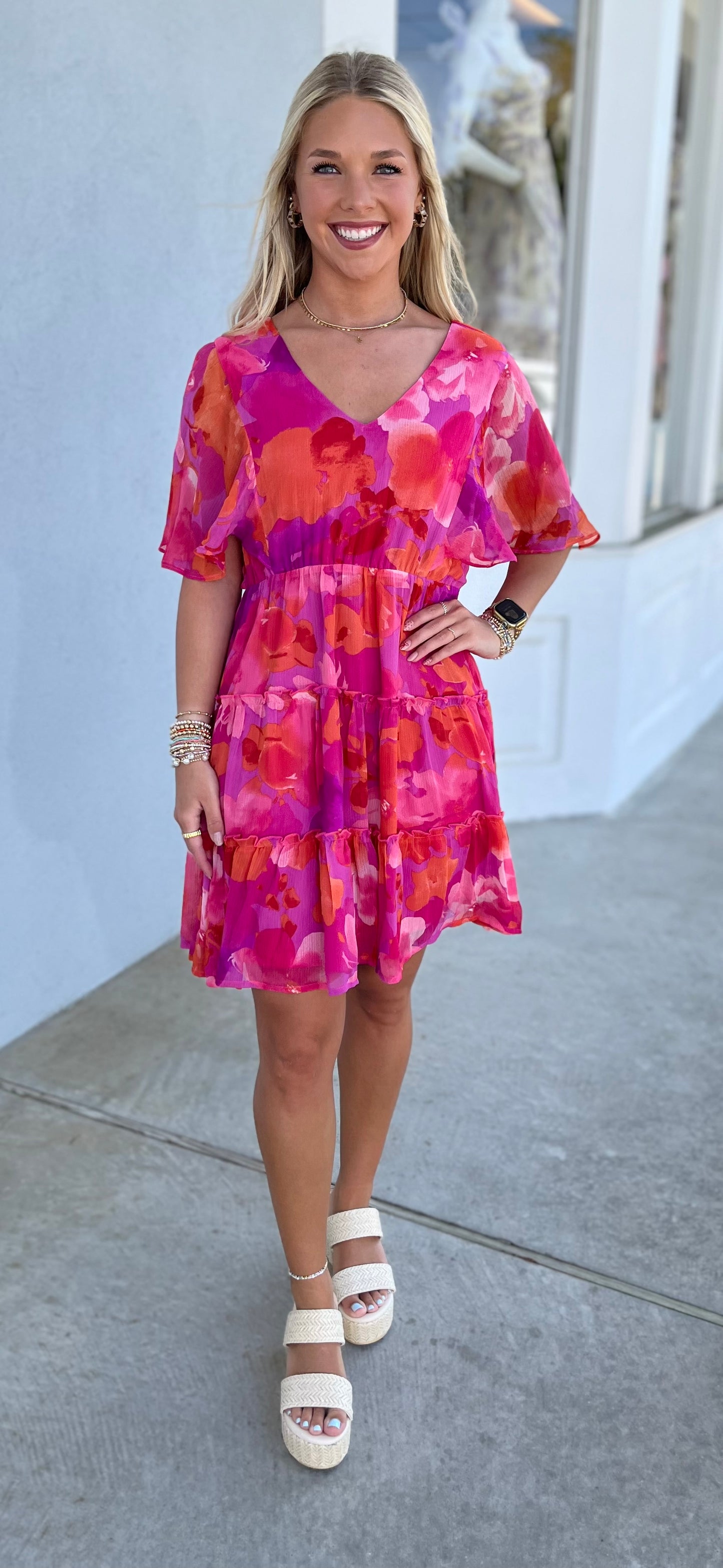 Floral Print Chiffon Bell Sleeve Dress