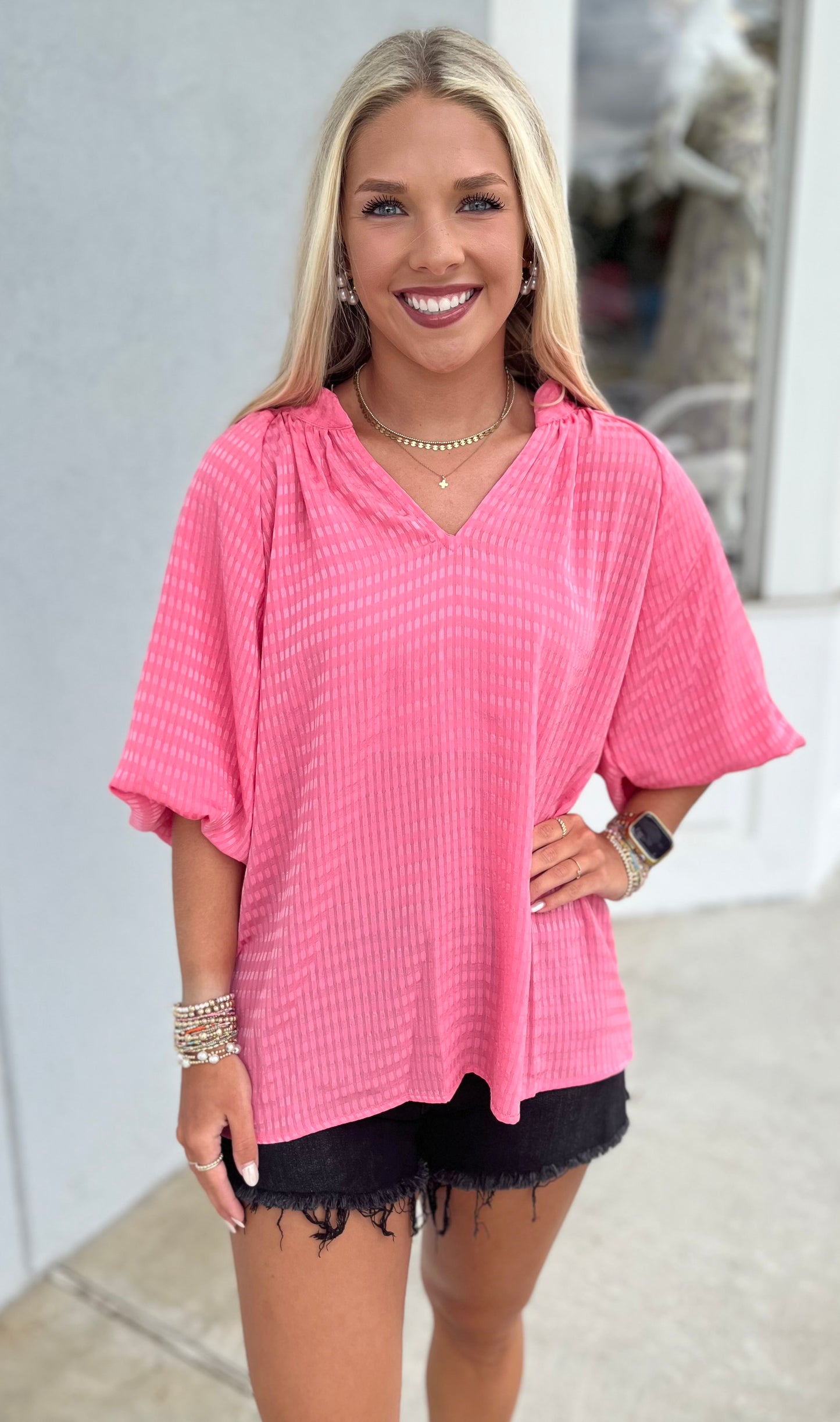 Striped Silky Jacquard Blouse , Peony