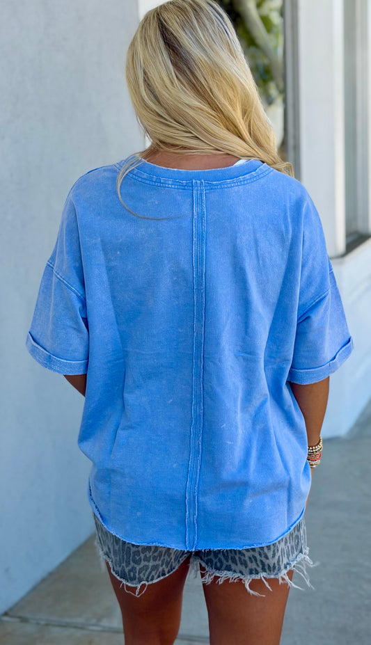 French Terry Acid Wash Tee, Cornflower Blue