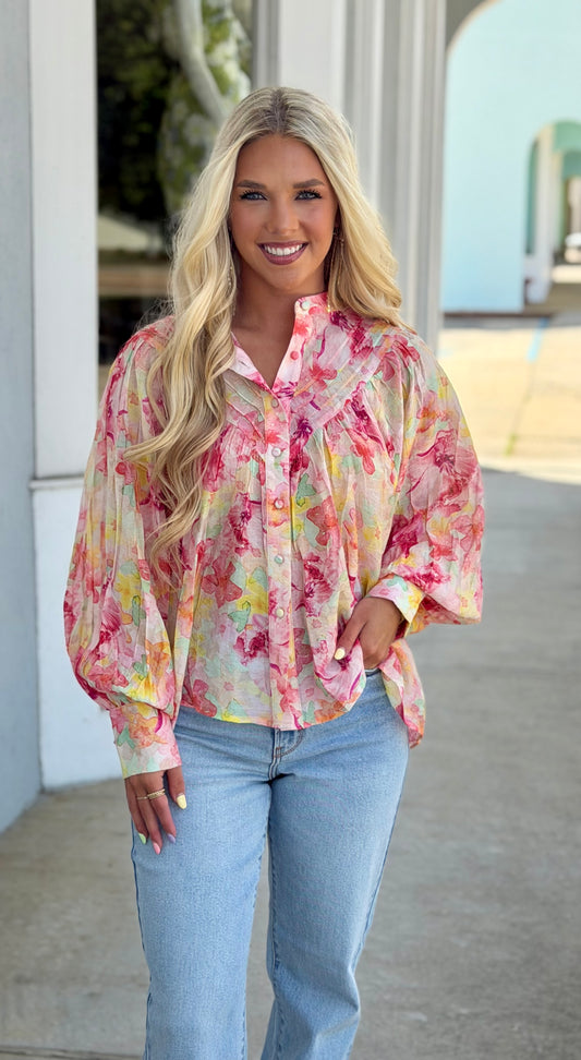 Rose Blush Floral Printed Button Down Blouse