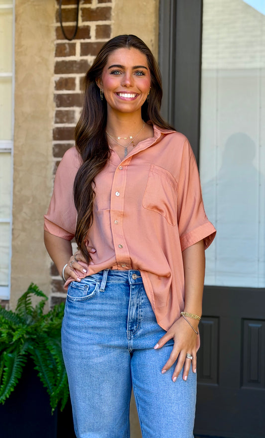 Apricot Short Sleeve Button Down Top