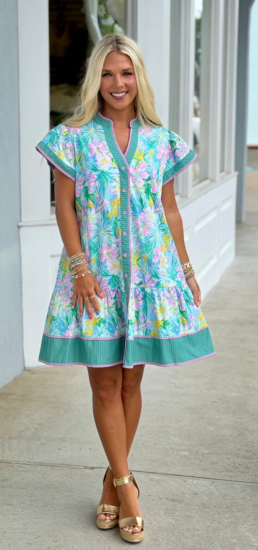 Mint Blue Tropical Button Front Dress
